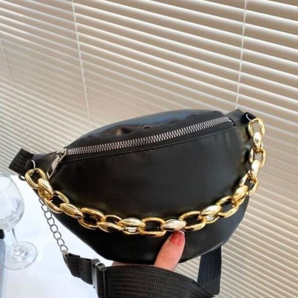 Glamor Fanny Pack Luxe SAFETY Bum Bag Gold CHAIN Preppy FANCY Sleek Chic BLACK - Picture 3 of 6